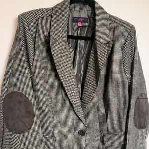 Plaid blazer with suede elbow patches brown black